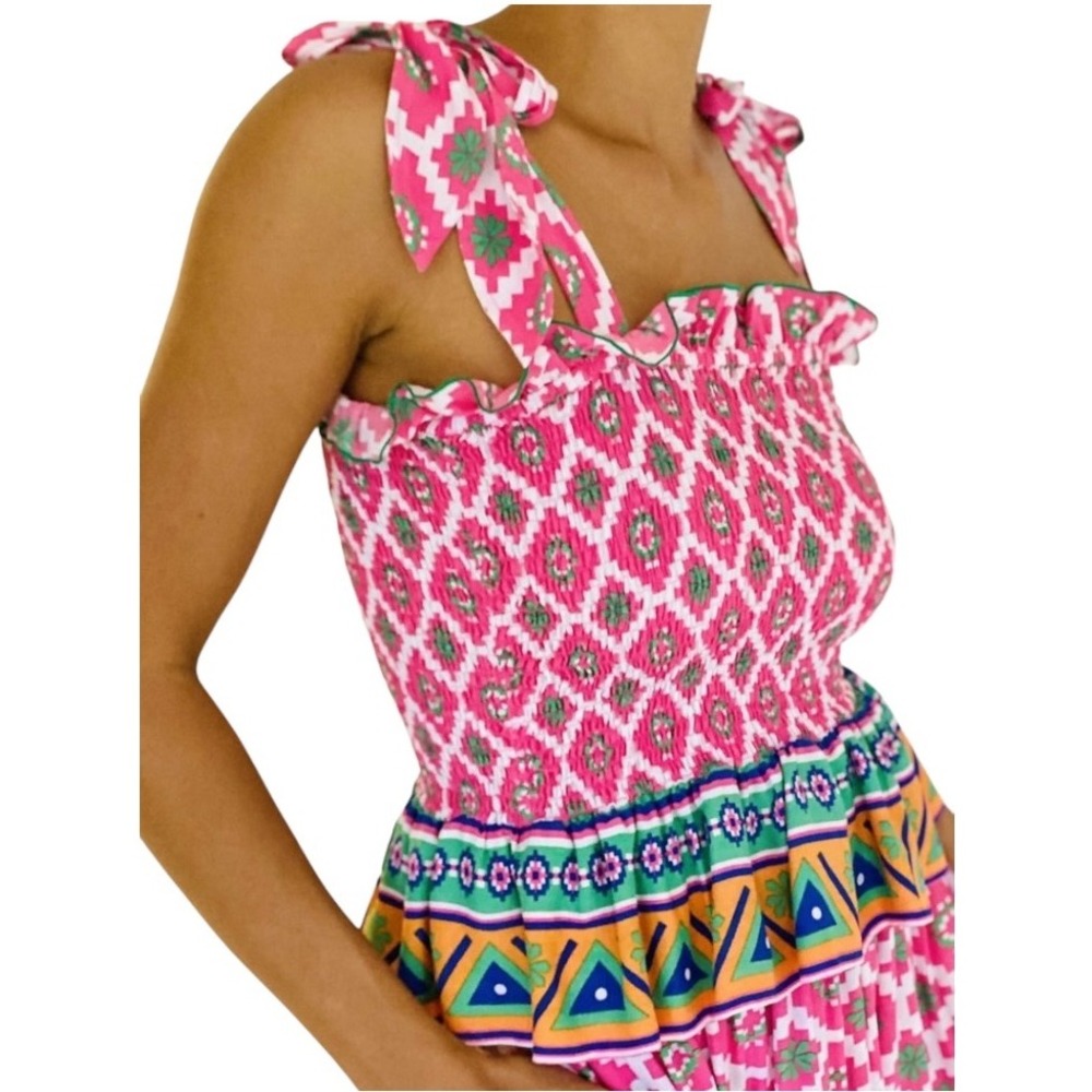 Feather & Find Shirt Women XS Pink Geometric Shiva Boho Luxe Smocked‎ Tie Strap